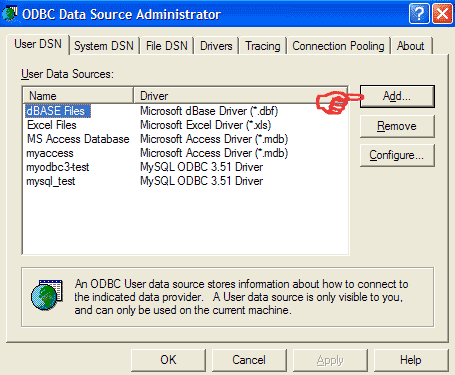 odbc data source administrator user dsn tab